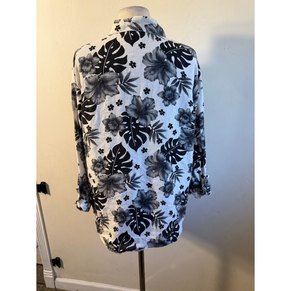 Hot Cotton by Marc Ware 100% Linen Tropical Floral Button Up Shirt Black White M - Picture 3 of 8